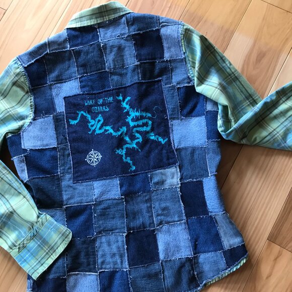 Lake of Ozarks Patchwork Jean Jacket, Small: Upcycled Handmade LOZ Lake Shirt - Picture 5 of 10
